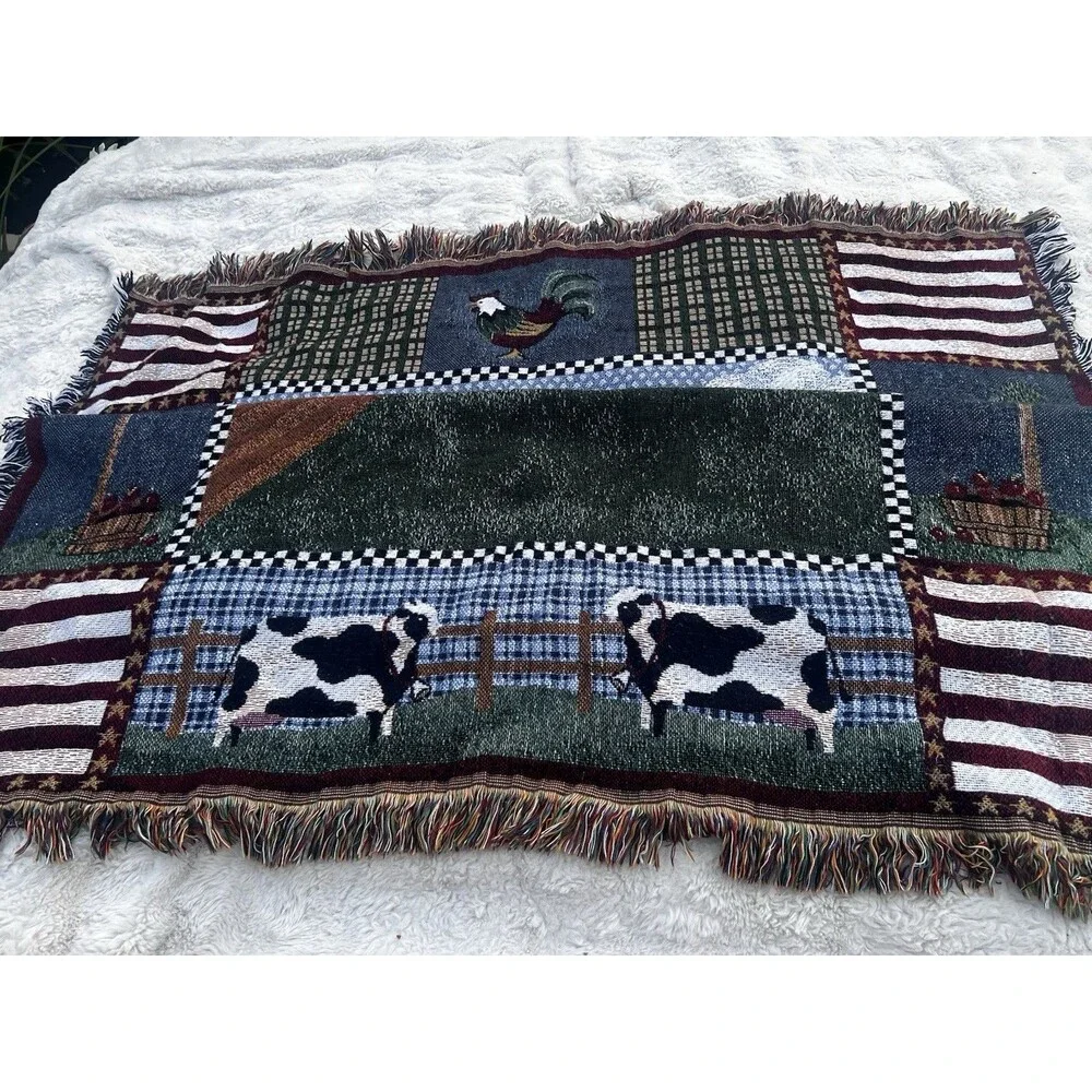 Farmhouse Woven Throw Blanket Red Barn Cows Rooster Americana Fringe 56x48